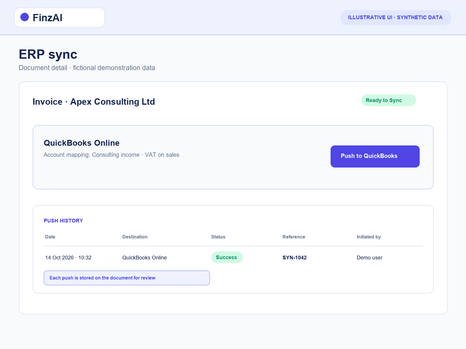 FinzAI ERP sync section showing push to QuickBooks Online with push history