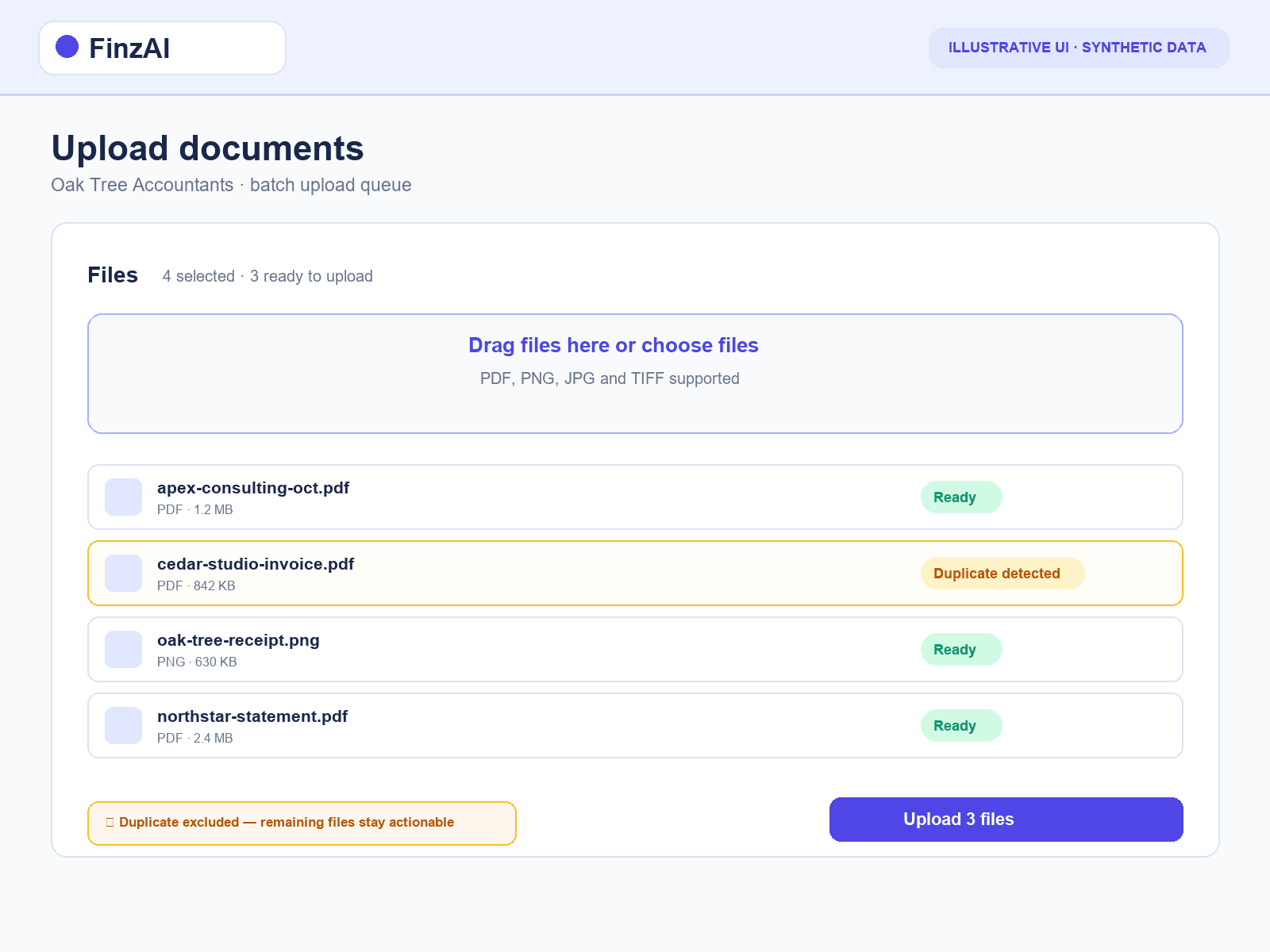 FinzAI upload modal showing duplicate detection warning on one file